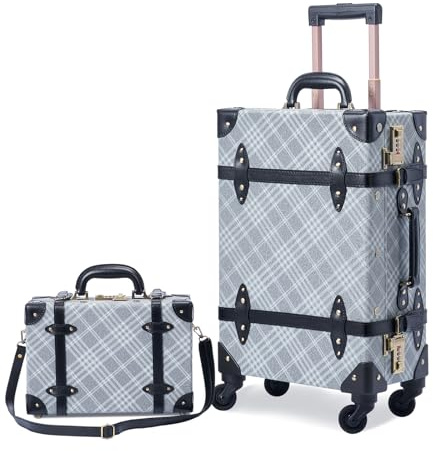 7998 Vintage Kofferset für Damen und Herren, PU-Leder, Retro-Gepäck mit Kosmetiktasche für Wochenendausflüge, Grau, kariert, 20+12, Vintage