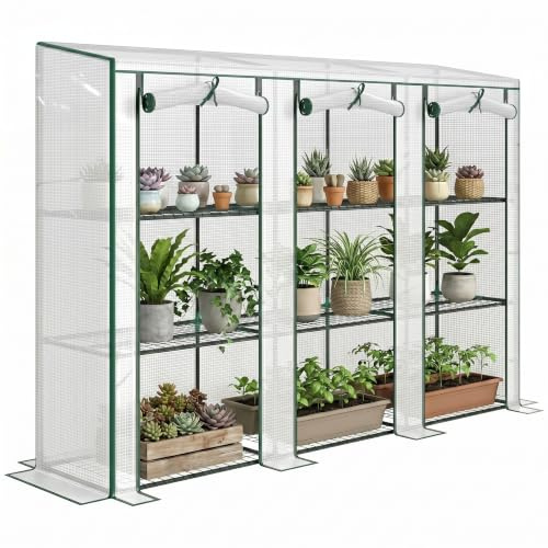 Outsunny Serre de Jardin avec Étagères 3 Niveaux 215x46x151cm Blanc | PVC, Serre de Balcon, Bâche Renforcée 140 g/m², Châssis en Acier, 2 Portes Zippées Enroulables, pour Légumes Plantes Fleurs