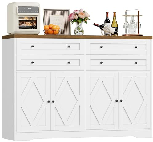 HOCSOK 132.7 cm Sideboard, Küchenschrank mit Verstellbaren Ablagen | Buffetschrank Küchenbuffet mit 4 Schubladen und 4 Türen , Küchenkommode Vorratsschrank für Wohnzimmer Küche Esszimmer, Weiß