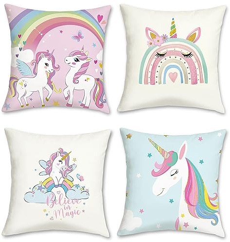 Bonhause 4er Set Kissenbezüge Einhorn 40 x 40 cm Regenbogen Blau Rosa Samt Soft Dekorative Kissenhülle Zierkissenbezüge für Sofa Wohnzimmer Babyzimmer Kinderzimmer Zuhause Dekoration