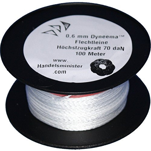 Dyneema Drachenschnur 70daN weiß 0,6mm sehr dehnungsarm geflochten Einleiner Lenkdrachen, Länge: 100m, Durchmesser:0.6mm Bruchlast: 70daN