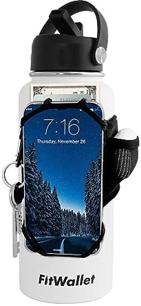 FitWallet Wasserflaschen Halterung & Tasche für Handy, Schlüssel, Kopfhörer & Kartenfach (für Sportflaschen bis 1 Liter) - Sport Handy Sicherung für Gym & Fitness - Zubehör, Accessoires, Gadgets