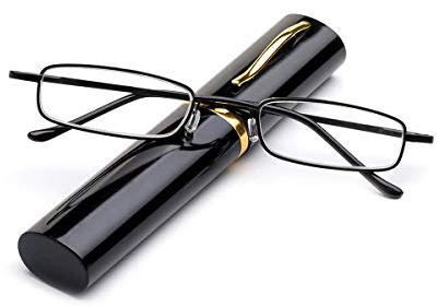 Flexibel Metall Lesebrille Sehhilfe Federn-Scharnier Lesehilfe Unisex Lesegerät mit Brillenetui wie Stifthalter (schwarz, +2.0)