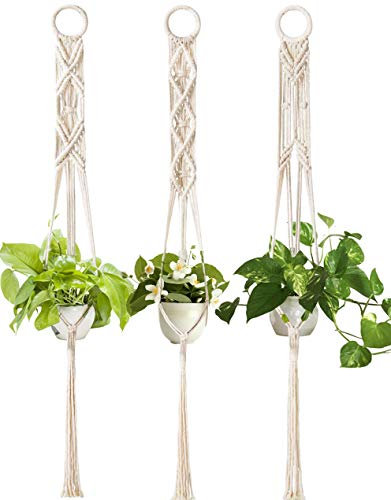 Fixinus 3 Pack Macrame Plant Hanger with Fringed Ends, 39 Cotton Woven Hanging Plant Holder Wall Hanging Planter Basket for Indoor Outdoor Home Flower Decoration
