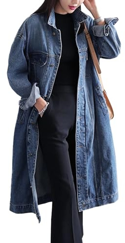 Jofemuho Women Button Down Loose Fit Long Plus Size Denim Jacket Trench Coat - blue - 3x-large
