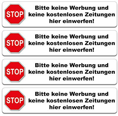 4 Aufkleber - Bitte keine Werbung und keine kostenlosen Zeitungen.. - 91 x 20 mm (weiß)