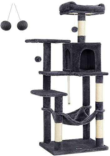 Feandrea Arbre à Chat Hauteur 143 cm, Tour de Jeux pour Chats, avec 4 Poteaux à Griffer, 2 Plateformes, 1 Niche, 1 Hamac, 2 Pompons, en Tissu Peluche, Multi-Niveaux, Gris Fumé PCT161G01