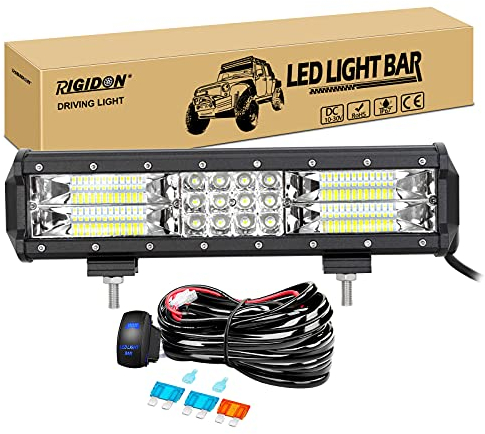 RIGIDON 12 inch 180W driving led work light bar with 12v wiring harness cable kit, Tri row fog lamp for Off road Truck SUV ATV 4x4 Boat, Flood Spot Combo Beam, Waterproof Driving Lamp, 6000K White