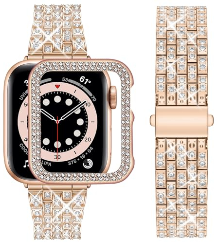 wutwuk Joyería Correa Compatible Apple Watch series 9/8/7/SE/SE2/6/5/4/3/2/1 con Funda Brillante, Pulsera Mujer iWatch 45mm 41mm 44m 41mm 40mm 38mm (Oro Rosa de 44mm)