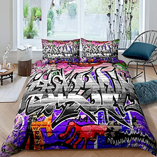Loussiesd Hippie Graffiti Bettbezug Set Hip Hop Betten Set für Teenager Jugend Graffiti Muster Bettwäsche Set 135x200cm Atmungsaktives Straßenkultur Thema Atmungsaktiv