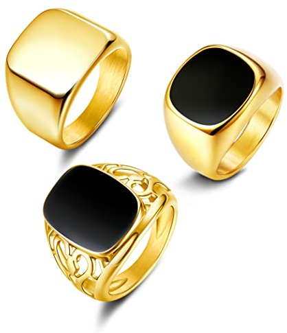 KALVICA 3 Stück Wide Siegelring Edelstahl Ringe Herren Männer Mode Emaille Geschnitzter Ring Goldfarbener Vintage Hip Hop Rock Ringe Ritterring Größe 54-70