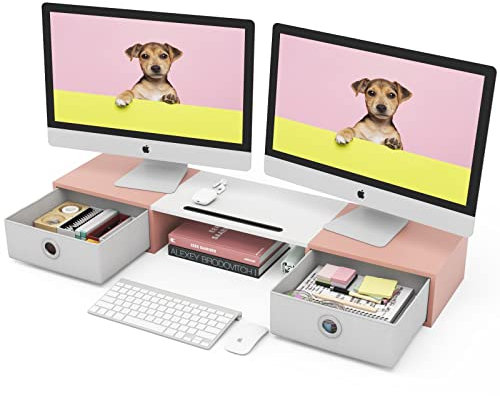 WESTREE Dual Monitor Stand Riser with Two Drawers, Extra Large Storage for 2 Monitors, Ergonomic Design, Wooden Finish