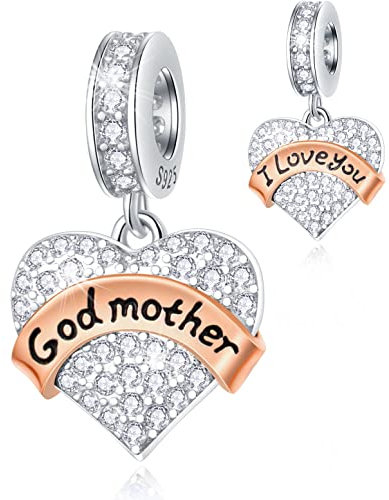 Godmother Dangle Charms fits Pandora Mothers Day Bracelet, 925 Sterling Silver I Love You God Mum Pendant, Pave Heart Clear CZ Godmom Bead, Mom Gift for Christmas/Godmum/Birthday