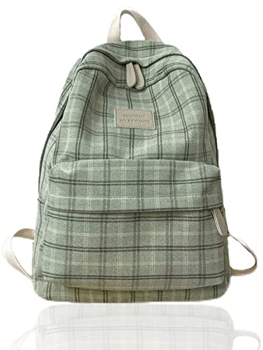 Yimengxing Sage Green Backpack for School, Light Academia Aesthetic Plaid Backpack Preppy Kawaii Backpacks for Teens Girls (A, Green)