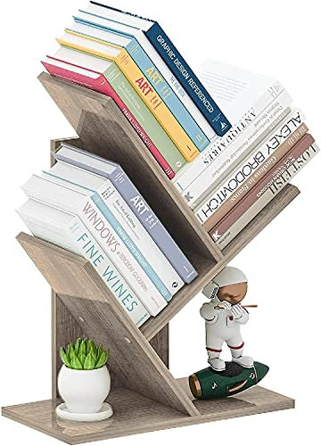 ZRWD Tree Bookshelf, 3-Tier Small Book Storage Organizer Shelves Floor Standing Bookcase, Wood Storage Rack for Office Home School Shelf Display for Cd/Magazine(French Oak Grey)