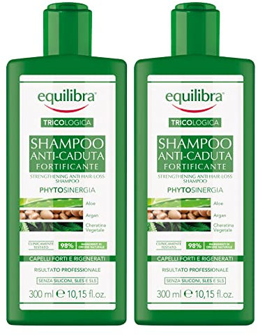 2x Equilibra Tricologica Shampoo Anti-Caduta Capelli Fortificante Phytosinergia Nutriente con Aloe Vera Olio di Argan e Cheratina Vegetale - 2 Flaconi da 300ml