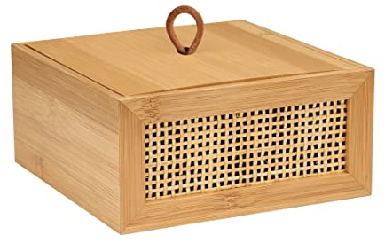 WENKO Boîte de salle de bain Allegre M, boîte décorative avec couvercle dans un style bohème tendance, en bambou et rotin tressé de qualité, ranger des accessoires de toilette, 15 x 7 x 15 cm, naturel