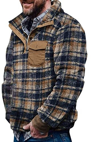 Sweatshirt Herren,Pullover Herren Langarm Stehkragen Teddy Fleece Pullover Vintage Plaid Plüsch Flauschig Fuzzy Pulli Sweater mit Reißverschluss Warm Winter Langarmshirt Jacke