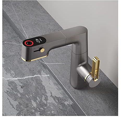 SWHC Rubinetto Bagno Lavabo Miscelatore Lavabo Bagno con Display Digitale Rubinetto con Doccetta Estraibile 360° Girevole Rubinetto Bidet Alzabile 3 Funzioni Miscelatore Bidet,Grigio