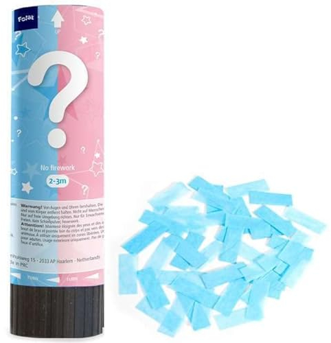 Carpeta Konfetti-Kanone für Baby Shower | Party Popper Mit Blauem oder Rosa Papierkonfetti | Gender Reveal Überraschung, Edition: Baby Boy, Blaues Konfetti