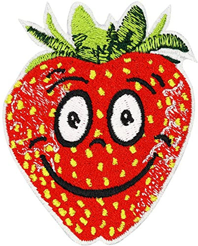 Lustige Erdbeere Aufnäher Strawberry Patch Spaß Sticker zum annähen/aufbügeln | Erdebeeren Applikation Jeans Flicken Bügelbilder für alle Stoffe | fabric applique 55x70mm