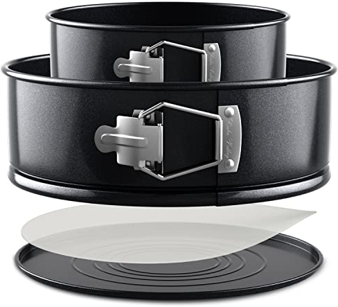 BakeValley Cake Tins for Baking – 2Pcs Round Cake Tin Set – 6 & 8 Inch Cake Tin, 7cm Deep with Parchment Papers Precut for Each Size – Non-Stick Coating & Leak-Proof – Ideal for Baking Cheesecakes