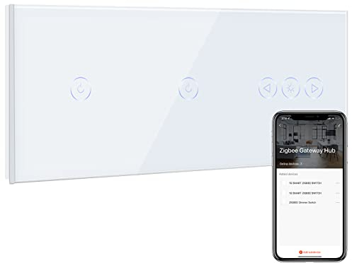 BSEED Smart ZigBee Single Live Doppel Lichtschalter 1 Fach mit ZigBee Dimmer Schalter, ZigBee Schalter, Wandschalter Lichtschalter Unterputz Glas arbeitet Smart Life/Tuya, Alexa Weiß(Hub erforderlich)