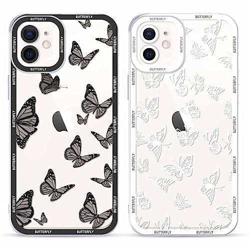 Yoedge 2 Stück Transparent HandyHülle für iPhone 12 Hülle Schmetterling 6,1, TPU Silikon Schutzhülle für iPhone 12 Case 3D Schwarz Butterfly Muster Aesthetic Frauen Durchsichtig Cover