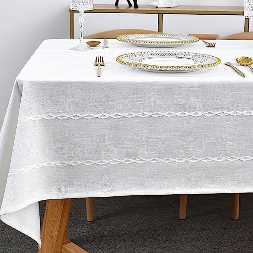 Plenmor Table Cloth for Rectangular Table Natural Tablecloth for Outdoor Cotton Linen Looking Fabric Table Cover for Kitchen Garden (White, 135x220 cm)