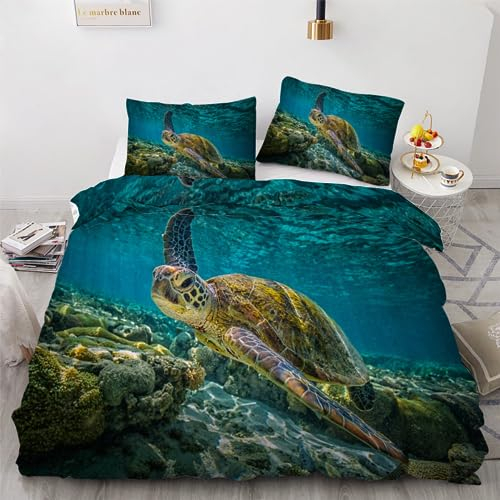 ROUSKI Bettwäsche Meeresschildkröte 135x200 cm 2teilig 100% Mikrofaser Kinderbettwäsche Ozean Schildkröte Bettbezug mit Reißverschluss 3D Motiv Zimmer Dekor Bettwäsche-Sets mit Kissenbezüge 80x80