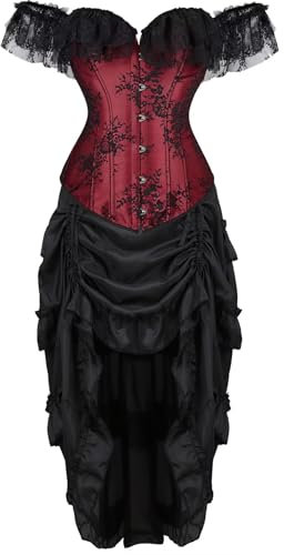 Josamogre Korsett Damen Kleid Sexy Corsage Korsettkleid Spitze Lace Ärmel Weg Von Der Schulter Vintage Weinrot L