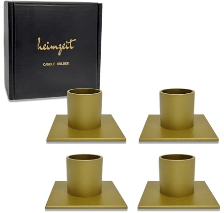 heimzeit Kerzenhalter für Stabkerzen Ø22 mm und Tischkerzen aus Metall [4 Stück, Eckig] Farbe: Gold, Stilvolles Design, Kerzenständer für eine Elegante Raumdekoration