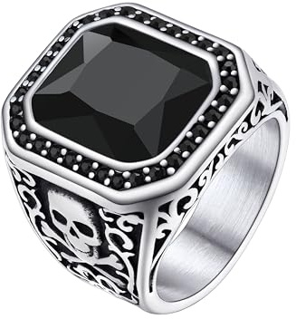 Richsteel Biker Ring Schmuck für Männer Jungen Schwarzer Achat Erhöht mit Zirkon Schwarz Totenkopf X Bone Edelstahl Größe 57 Farbe Grau
