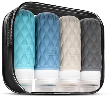 4 Pack Travel Bottles for Toiletries with Labels, 100 ml Silicone Travel Bottles Set with Clear Zipper Toiletry Bag, Leakproof Refillable Squeeze Travel Size Containers for Shampoo Conditioner