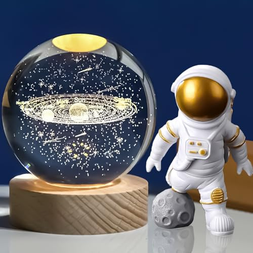 DYOUen 3D Kristallkugel Nachtlicht USB Kreative Nachtszene Sonnensystem Milchstraße Bunten LED Ball Lampe Glaskugel Mit Holzsockel für Jungen Mädchen Dekoration (Solarsystem)