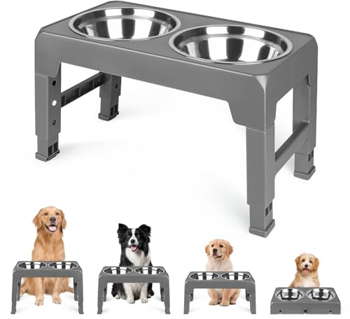 HUOLE Gamelle Eau Surélevéede 3 Hauteurs Ajustables,2 in 1 gamelle surelevee pour Chien avec gamelle Chien Anti eclaboussure et gamelle Chien INOX,Convient aux Petits,22/26/28cm-44 * 24 * 8cm-Gris