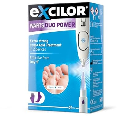 Excilor Warts Duo Power Treatment - Extra Strong Effective Wart Verruca Removal - 2 Devices in 1 Box - Cryo Freeze & Acid Treatment - Hands & Feet - Effective from Day 5 - Clinically Proven