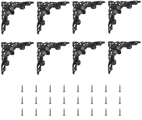 sourcing map 8pcs Vintage Flat Corner Bracket 2.1x1.9 Decorative Metal Desk Corner Protectors with Screw for Box Cupboard Decorative Furniture Black