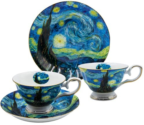 AOTELIDA Floral Tea Cups Saucers Set of 2, Bone China 7 oz British Teacups Porcelain Van Gogh Coffee Cup for Rose Tea Cappuccino Espresso Latte (Starry Sky & Starry Sky)