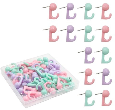 Hayaww 50 Pcs Drawing Pins Push Pins Hooks Hook Pin Calendar Pin with Metal Head Push Pins for Photo Wall, Notice Board, Home, Office, School Supplies