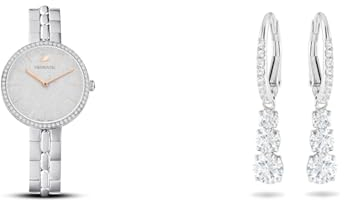 Swarovski Cosmopolitan Uhr, Metallarmband, Silberfarben, Edelstahl & Attract Trilogy Ohrringe, Weiss, Rhodiniert