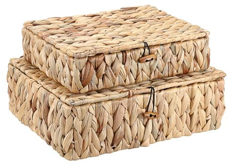 OGANAZI Set of 2 Flat Woven Water Hyacinth Storage Baskets With Lids - Natural Rectangle Wicker Shelf Bins for Home Organization (L+S)
