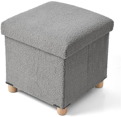 BRIAN & DANY Sitzhocker mit Stauraum, Teddy Fleece Fußhocker mit Holzfüßen, Fußhocker mit Stauraum, Sitzhocker für Wohnzimmer, Schlafzimmer, Grau, 38 x 38 x 38 cm