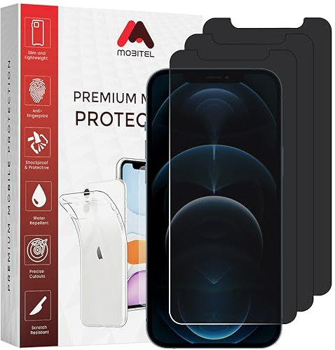 Mobitel 3-Pack Anti-Spy Privacy Screen Protector, 9H Tempered Glass, Anti-Scratch, Anti-Water, Case Friendly (iPhone 12 Pro Max)