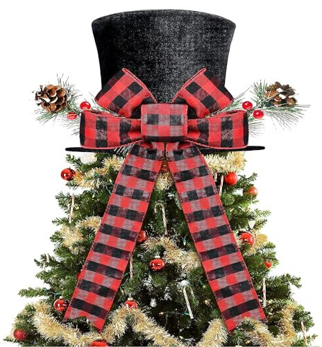 YUEMING Weihnachtsbaumspitze Hut, Großer Roter Hut mit Gestreiftem Schleifenband und Lutscher Weihnachtsbaumschmuck Zylinder Hut, Weihnachten, Urlaub, Winter Wonderland Party Dekoration (Schwarz)