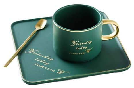 eKsdf Espresso Tassen Set Kaffeetasse 200ml Espressotassen mit Unterteller und Löffel Mokkatasse Keramik kaffeebecher mit Goldrand für Espresso, Latte, Café, Mokka, Tee (Grün)