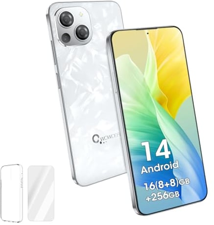 Telefono sbloccato, smartphone CWOWDEFU S18 Android 14 con schermo 2K da 6,58, 16GB + 256 GB, doppia SIM 4G, Octa-Core, riconoscimento facciale/impronte digitali/NFC/GPS 2024 (guscio bianco)