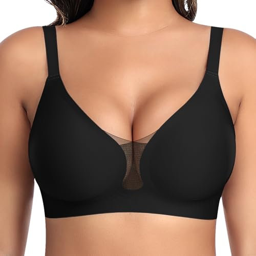 BH Damen Ohne Bügel Nahtloser Glatter Weicher BH Modische Spitze Mesh Tiefes V-Ausschnitt Bequemer BHS Gepolsterter BHS Bustier Bügellos Soft Bra Seamless Bralette T-Shirt (Schwarz, S)