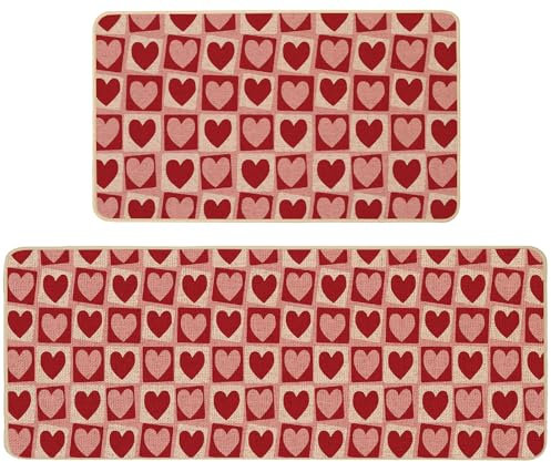 Baccessor Lot de 2 tapis de cuisine romantiques pour la Saint-Valentin, motif cœur rouge et rose, tapis de cuisine pour sol, antidérapant, anniversaire, fête de mariage, décoration d'intérieur, 43,2 x