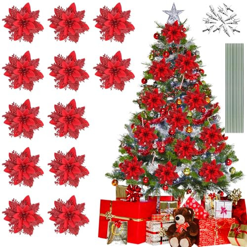 Oenothera 12 Stücke Poinsettia Weihnachtsbaum Ornament, Weihnachtsblumen Künstlich, Glitzer BlumenWeihnachten für Weihnachtsbaum Dekorationen（Rot）